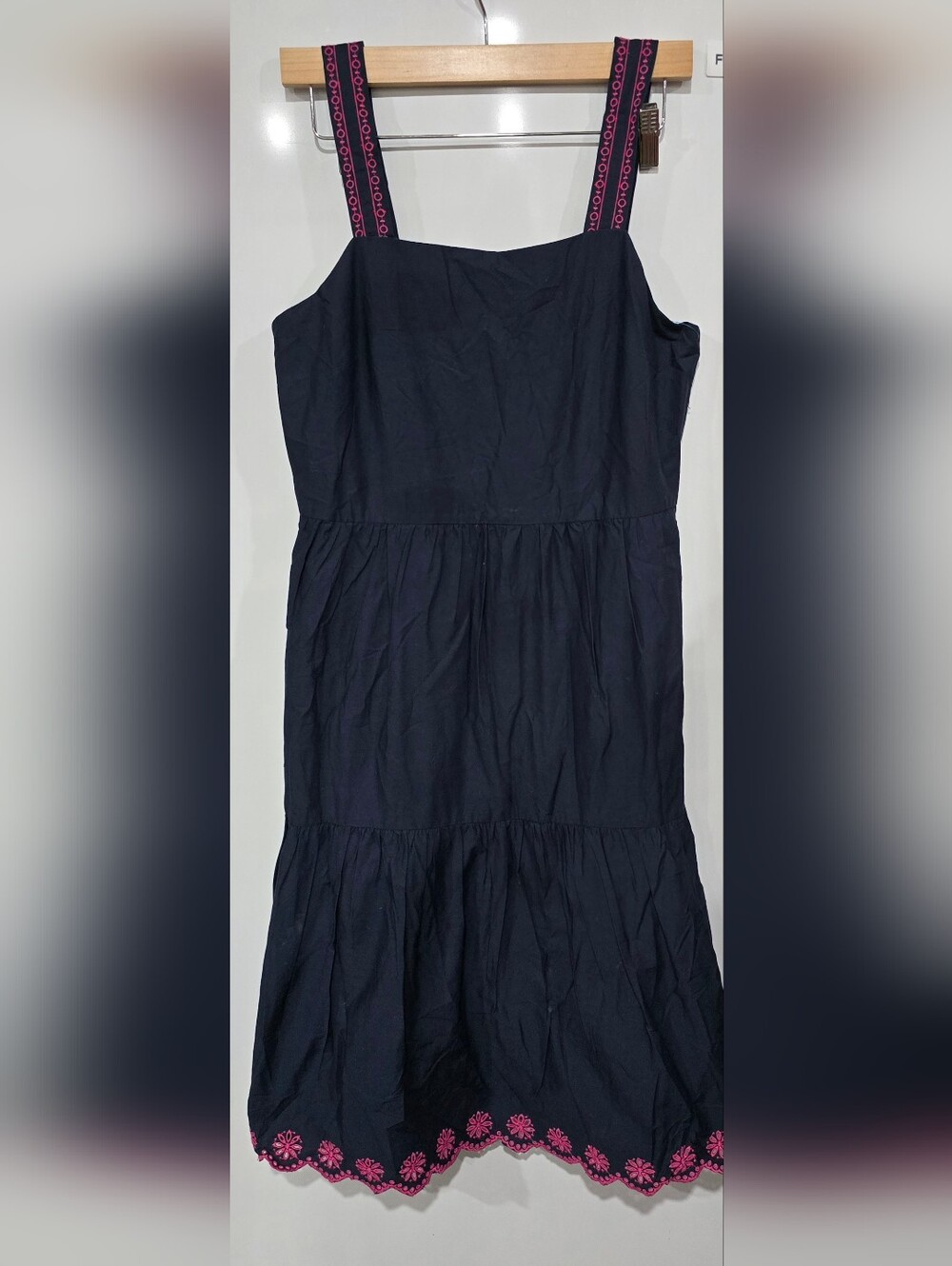​J.Crew Navy Blue Pink Embroidered Tiered Midi Dress